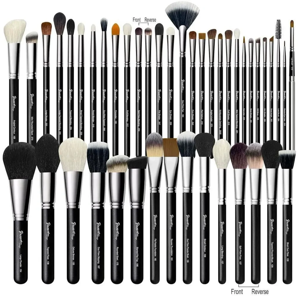 Bueart Design 42Pcs Matte Pearl Black Real Natural Goat Hair Makeup Brushes Set